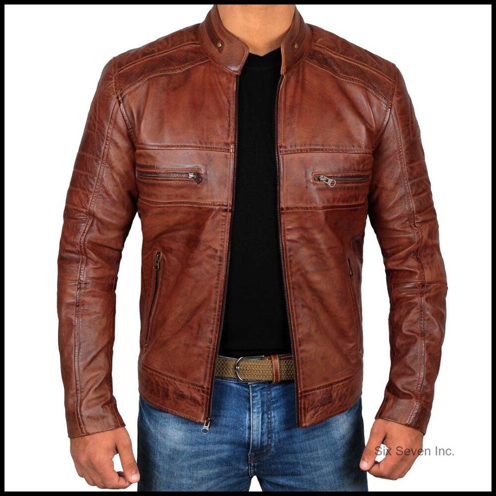 Real Lambskin Leather Jacket Cafe Racer Motorcycle Style Men's